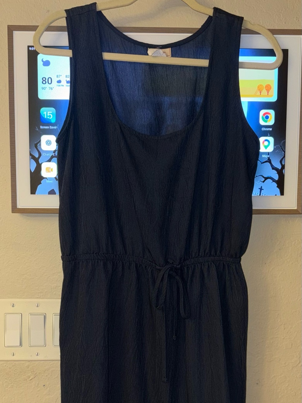 love...ady Dark blue denim Sleeveless Midi Dress with Tie Waist